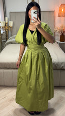 V Neck Pleated Dress Tie Waist Belt