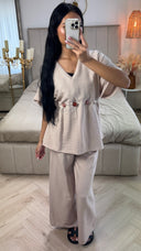 2-Delige Viscoseblend Set met Marmeren Knopen en Wijde Broek