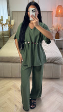 2-Delige Viscoseblend Set met Marmeren Knopen en Wijde Broek