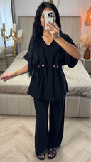 2-Delige Viscoseblend Set met Marmeren Knopen en Wijde Broek