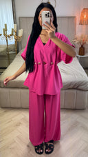 2-Delige Viscoseblend Set met Marmeren Knopen en Wijde Broek