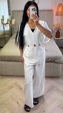 2-Delige Viscoseblend Set met Marmeren Knopen en Wijde Broek