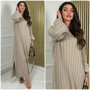 Knitwear V Neck Maxi Ribbed Dress Double Splits 23353