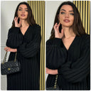 Knitwear V Neck Maxi Ribbed Dress Double Splits 23353