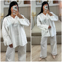 2pcs Set V Neck Slit Sleeve Tie Detail + Wide Leg