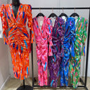 V Neck Printed Dress Waist Detail Shoulder Pads 7932-1