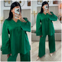 2pcs Set V Neck Slit Sleeve Tie Detail + Wide Leg