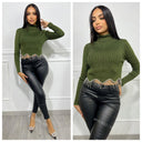 Ribbed Turtleneck Top Diamond Frills LX69-1