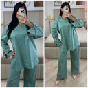 2pcs Set V Neck Slit Sleeve Tie Detail + Wide Leg