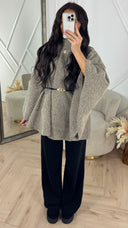 Teddy Tie Belt Oversized Poncho Golden Button