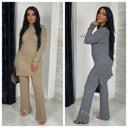 Ribbed High Neck Side Split Long Wide Leg Set