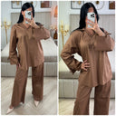 2pcs Set V Neck Slit Sleeve Tie Detail + Wide Leg