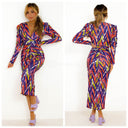 Trending Motif Print Dress Waist Detail Shoulder Pads 7932-2