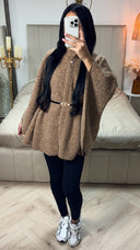 Teddy Tie Belt Oversized Poncho Golden Button