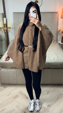 Teddy Tie Belt Oversized Poncho Golden Button