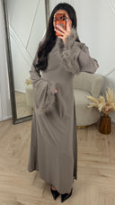 Abaya Maxi Jurk met Feather Manchetten en Taillekoord