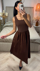 Aansluitende Midi Zomerjurk met Ribstof & Plooien