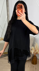 T-Shirt Top met Satijnen Onderlaag en Kant