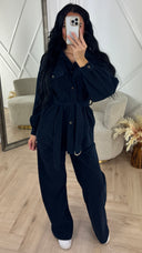 Geribde Two-Piece Set met Ceintuur & Zakken