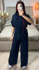 Integrated Waist Tie Belt Golden Button Shoulder Detail