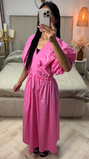 Katoenen Maxi Jurk met Pofmouwen & Gesmokte Taille