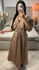 Katoenen Maxi Jurk met Pofmouwen & Gesmokte Taille