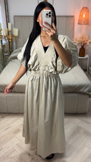 Katoenen Maxi Jurk met Pofmouwen & Gesmokte Taille