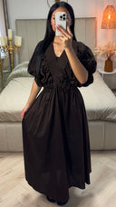 Katoenen Maxi Jurk met Pofmouwen & Gesmokte Taille