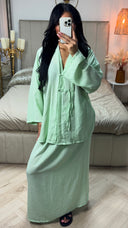 Linnenlook V Neck Top + Skirt Set Two Button Detail