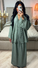 Linnenlook V Neck Top + Skirt Set Two Button Detail