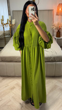 Maxi Jurk met Plooidetail en Pofmouwen – Knoopsluiting