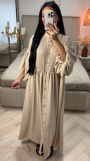 Maxi Jurk met Plooidetail en Pofmouwen – Knoopsluiting