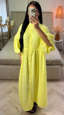 Maxi Jurk met Plooidetail en Pofmouwen – Knoopsluiting