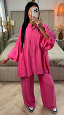 Oversized Katoenen Set met Pofmouwen & Rechte Broek