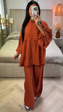 Oversized Katoenen Set met Pofmouwen & Rechte Broek