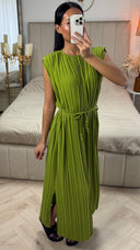 Plissé Maxi Jurk met Ceintuur en Pofmouwtje