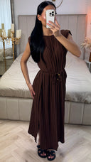 Plissé Maxi Jurk met Ceintuur en Pofmouwtje