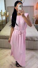 Plissé Maxi Jurk met Ceintuur en Pofmouwtje