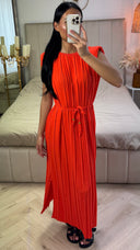 Plissé Maxi Jurk met Ceintuur en Pofmouwtje