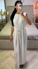 Plissé Maxi Jurk met Ceintuur en Pofmouwtje