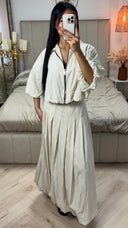 Puff Sleeve Zip-Up Crop Top with Pleated Maxi Skirt