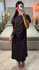 Round Neck Wrap Tie Belt Cheesecloth Dress