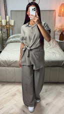Tie Belt Blouse + Oversized Pants Set