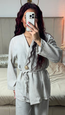 Tie Belt V Neck Linnenlook Set