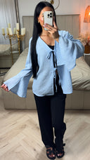 Top van Crinkle Polyester met Strikdetails en Wijde Mouwen