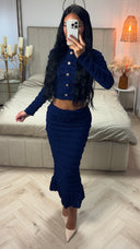 Tweedelige Set met Crop Blouse en Midi Rok – Gouden Knopen