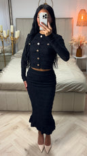 Tweedelige Set met Crop Blouse en Midi Rok – Gouden Knopen