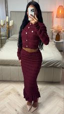 Tweedelige Set met Crop Blouse en Midi Rok β Gouden Knopen