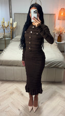 Tweedelige Set met Crop Blouse en Midi Rok – Gouden Knopen