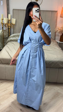 V Neck Pleated Dress Tie Waist Belt